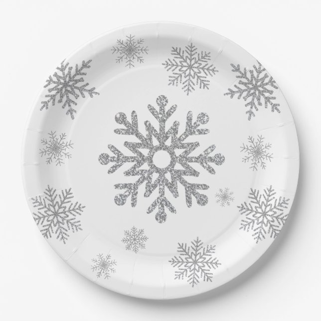 Assiettes en papier flocons de neige argentés d'hi (Devant)