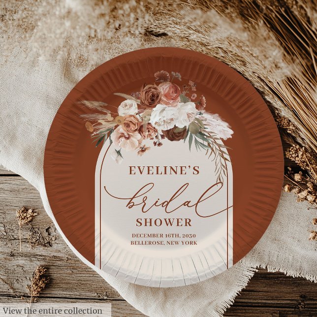 Assiettes en papier floral Herbe des Pampas Rouill (Romantic Rust Pampas Grass Floral Paper Plates)