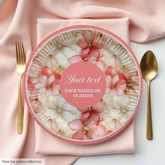 Assiettes en papier floral or et rose pastel aquar (Watercolor Blush Pink and Gold Floral Paper Plates)