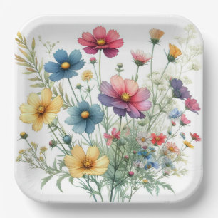 Assiettes en papier florales bleu rouge jaune, bot