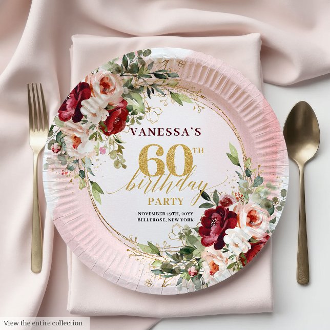 Assiettes en papier florales bordeaux et or Modern (Modern Boho Maroon Blush Gold Floral Paper Plates

)