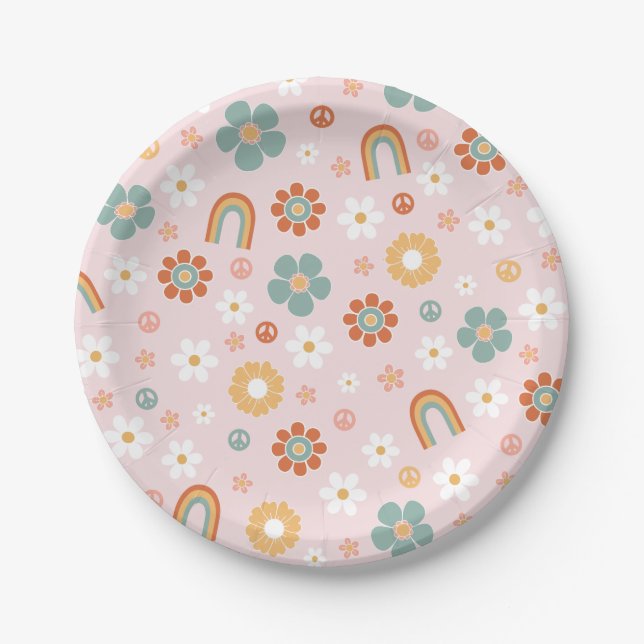 Assiettes en papier hippie arc-en-ciel groovy anni (Devant)