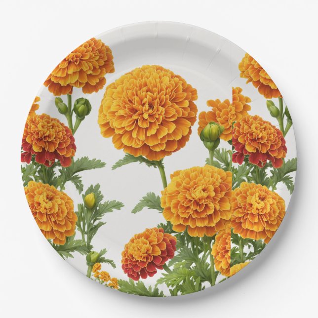 Assiettes en papier imprimé de souci vibrant. (Devant)