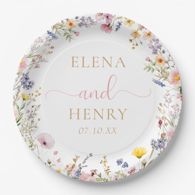 Assiettes en papier mariage fleurs sauvages élégan (Devant)