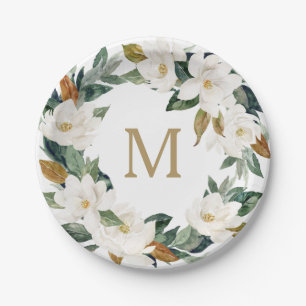 Assiettes en papier monogramme en coton Magnolia