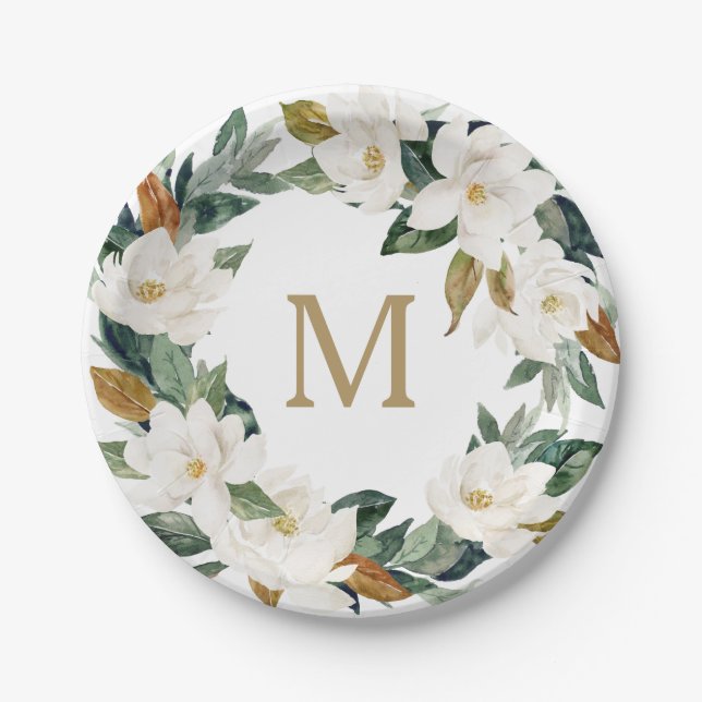 Assiettes en papier monogramme en coton Magnolia (Devant)