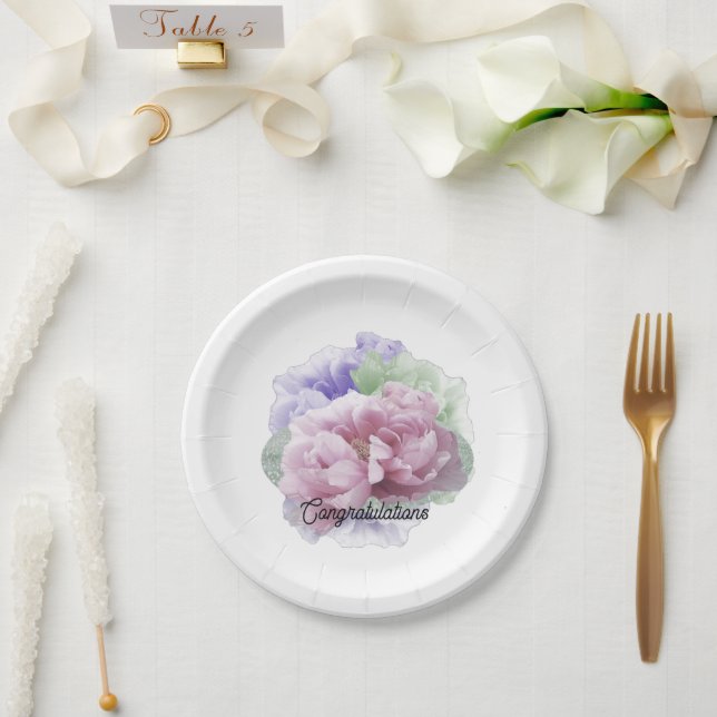 Assiettes en papier pivoines félicitations de mari (Mariage)