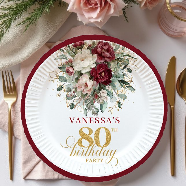 Assiettes en papier pour 80 ans Bohème Bourgogne v (Boho Burgundy Greenery 80th Birthday Paper Plates)