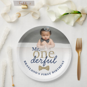 Assiettes en papier pour anniversaire Navy et Or M