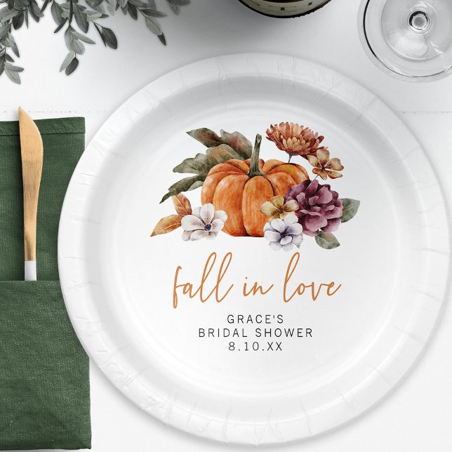 Assiettes en papier pour fête de fiançailles Tombe (Fall In Love Watercolor Burnt Orange Bridal Shower Paper Plates by Painted Paperie)