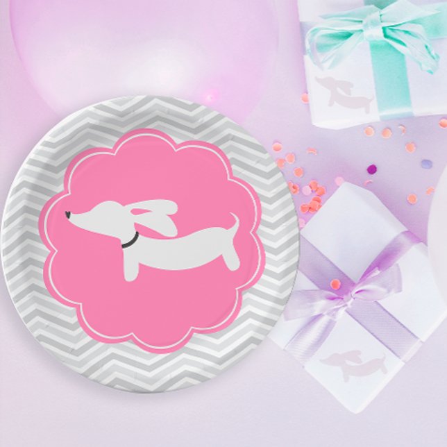 Assiettes en papier rose pour l'anniversaire de bé (Dachshund pink party - baby showers, kids birthday parties and wiener dog bridal showers)