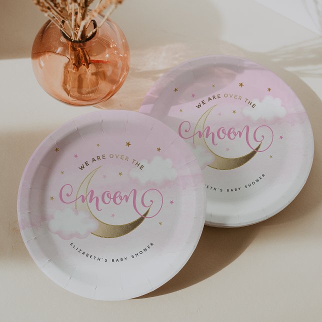 Assiettes en papier Rose Sur la Lune (Pink Over the Moon Baby Shower Paper Plates
#OverTheMoon)