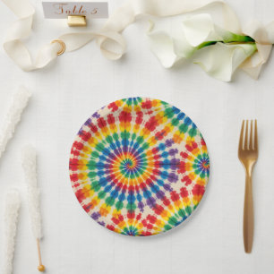 Assiettes en papier Tie-Dye arc-en-ciel psychédéli