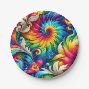 Assiettes en papier Tie-Dye arc-en-ciel psychédéli