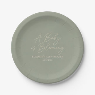 Assiettes en papier Vert Sauge Bébé en Fleur