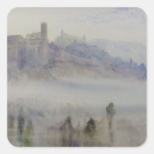 Assisi, früh morgens quadratischer aufkleber