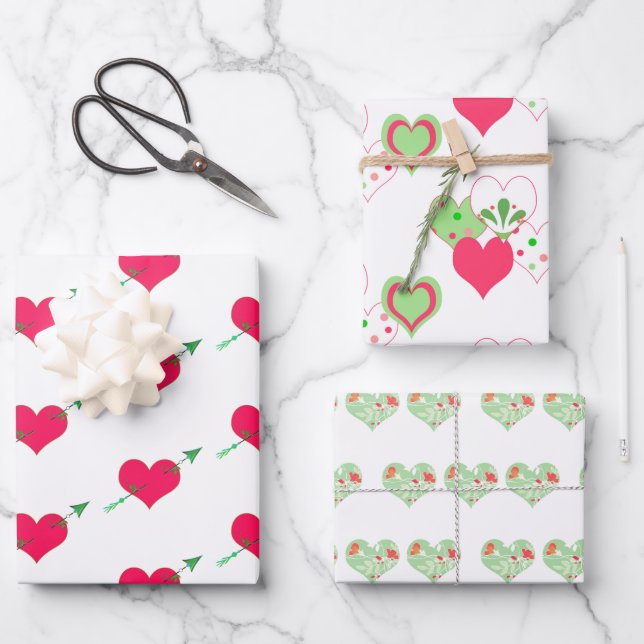 Assorted Valentine Hearts Geschenkpapier Set (Vorderseite)
