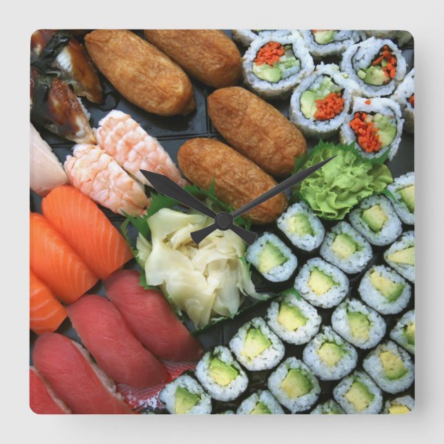 Assortment of Japanese Sushi Quadratische Wanduhr (Vorderseite)