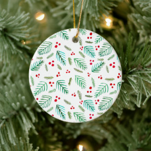 Äste und Beeren von Weihnachtsbaumen - grün und ro Keramik Ornament