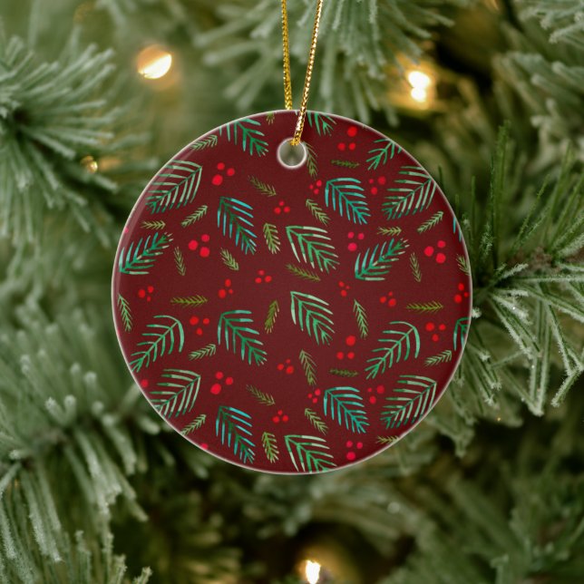 Äste und Beeren von Weihnachtsbaumen - rot und grü Keramik Ornament (Baum)