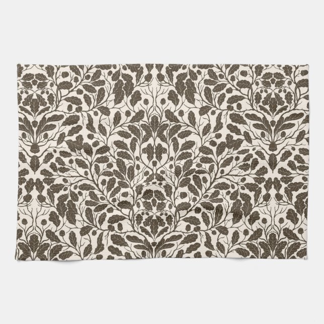 Äste und Blätter aus Eichen, Damastmuster in braun Geschirrtuch (Horizontal)