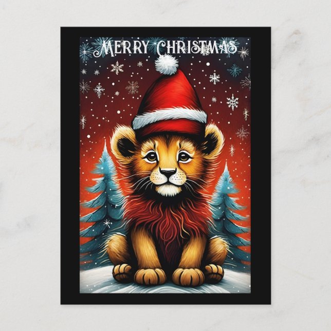 Ästhetisch Niedlicher Santa Baby Lion Snowy Weihna Postkarte (Vorderseite)