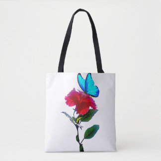 Ästhetische Blaue Schmetterling auf roter Blüten-T Tasche