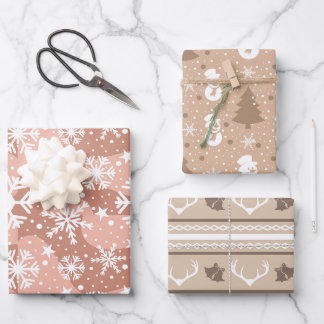 Ästhetische Braune Schneeflocken, Schneemänner und Geschenkpapier Set