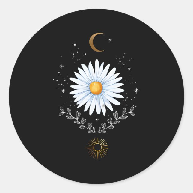 Ästhetische Himmelssonne und Moon Boho Daisy Blume Runder Aufkleber (Vorderseite)