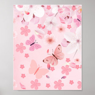 Ästhetische Kirschblüten- und Schmetterlings-Blume Poster
