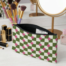 Ästhetische Oliven- und rosa Blumen-Karo-Tasche