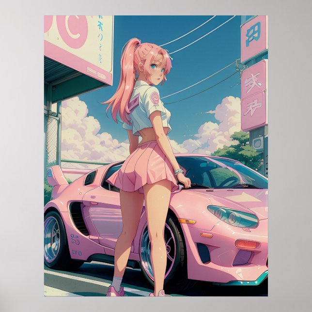 Ästhetische Pastel Pink Anime Girl Drifter Poster (Vorne)