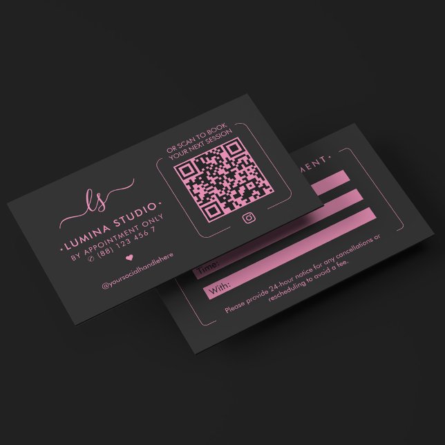Ästhetische Schönheitsinitialen Monogramm Schwarz  Terminkarte (Aesthetic Beauty Initials Monogram Black Pink QR Appointment Card
)