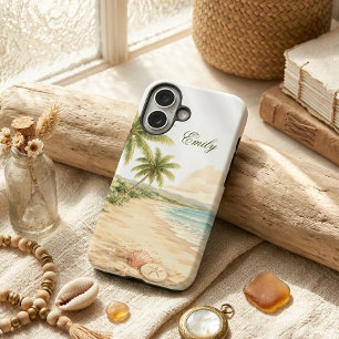Ästhetischer Aquarell-Strand mit individuellem Nam iPhone 16 Hülle