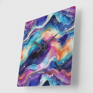 Ästhetischer bunter Regenbogen-Glitzer Quadratische Wanduhr