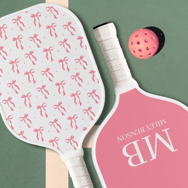 Ästhetischer Country Club Pink Bows Monogram Prepp Pickleball Schläger (Preppy Coquette Old Money Aesthetic Bow Pattern Pink Monogram Personalized Custom Pickleball Paddle)