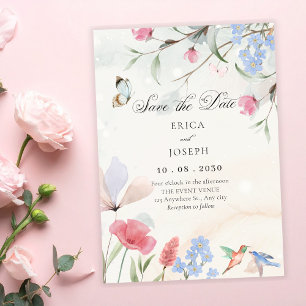 Ästhetischer Garten floral, Vogel und Schmetterlin Save The Date