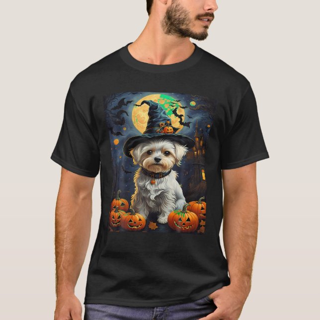 Ästhetischer Halloween Malteser Hund Hexenkürbis T-Shirt (Vorderseite)