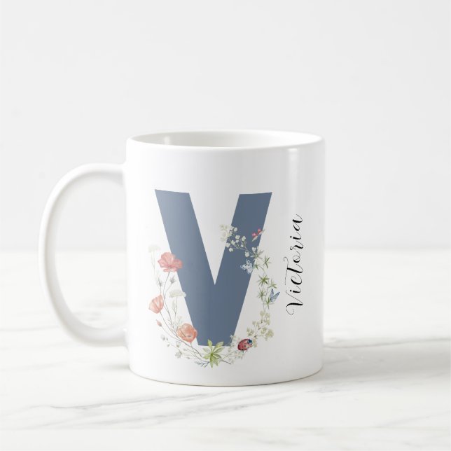 Ästhetischer Wasserfarbenflorbrief V Monogramm Kaffeetasse (Links)