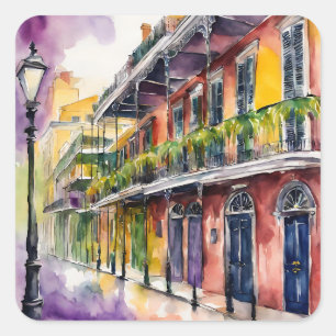 Ästhetisches Aquarell Mardi Gras Bourbon Street Quadratischer Aufkleber