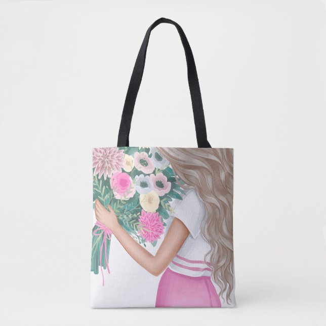 Ästhetisches Mädchen mit Blumenstrauß-Illustration Tasche (Vorderseite)