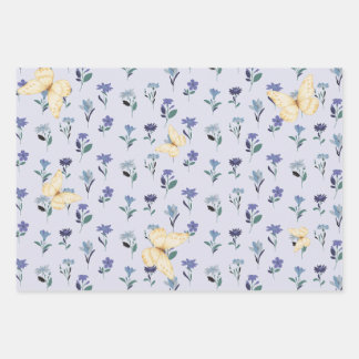 Ästhetisches Pastell-Schmetterling- und Wildblumen Geschenkpapier Set
