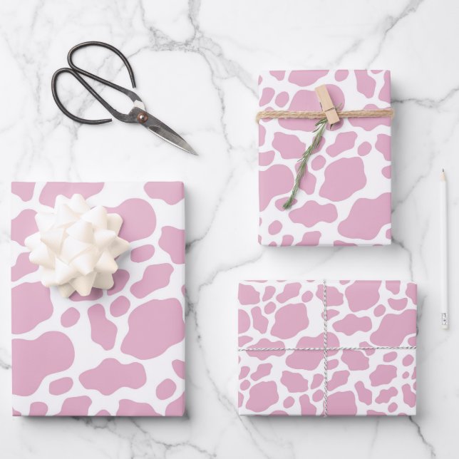 Ästhetisches Pastellrosa Kuh Druckmuster Geschenkpapier Set (Vorderseite)