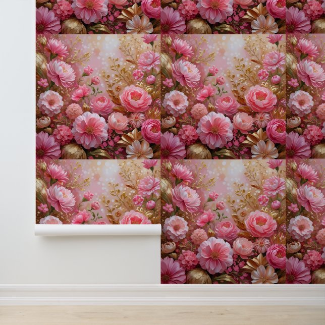 Ästhetisches Rosa und Gold Blume Mauer Tapete (Anwendung)