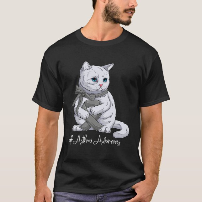 Asthma Awareness Month Gray Ribbon Cat T-Shirt (Vorderseite)