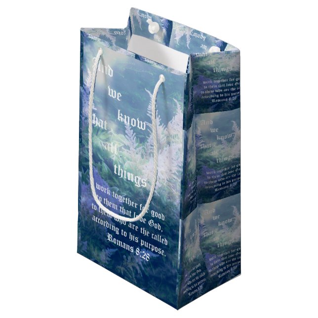 Astilbe Blue Mist Römer 8,28 Kleine Geschenktüte (Vorderseite Schrägansicht)