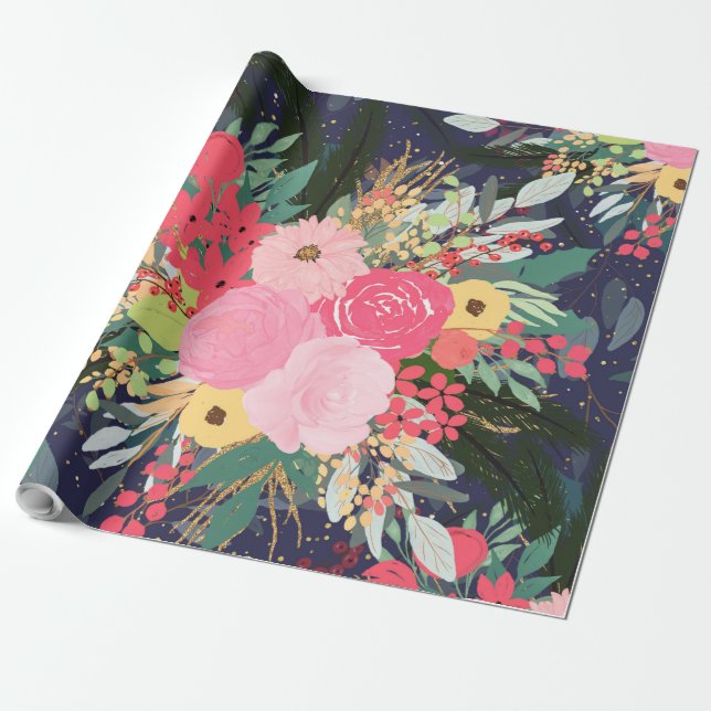 Astral Aura Winter Floral & Gold Punkte Geschenkpapier (Ungerollt)