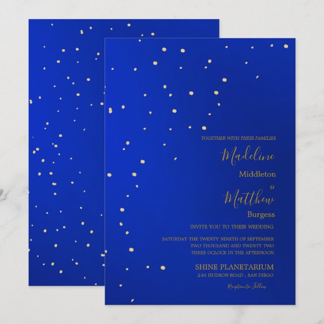 Astral Gold Stars Blue Abend Wedding Einladung (Vorne/Hinten)