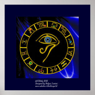 ASTRAL HORUS EYE ,BLAUE TALISMAN GOLD ZODIAC CHART POSTER