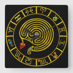 ASTRAL LABYRINTH GOLD ZODIAC CHART Astrologie Quadratische Wanduhr